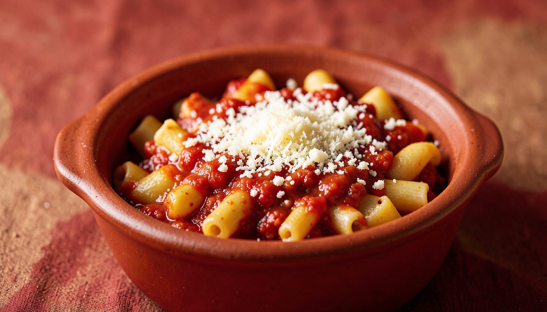 Cazuela de barro con macarrones guisados en salsa de tomate casera, queso rallado por encima, tonos rojos y dorados.