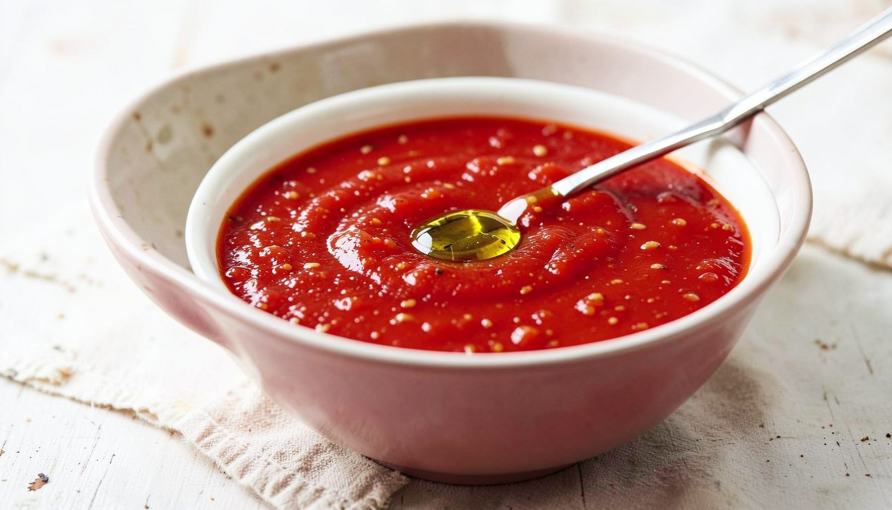 Cuenco de sopa de tomate estilo andaluz con un chorrito de aceite de oliva, tonos rojos vivos sobre mesa clara.