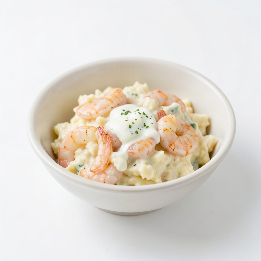 Cuenco pequeño de ensaladilla con gambas y alioli, tonos cremosos claros sobre fondo blanco, presentación sencilla y casera