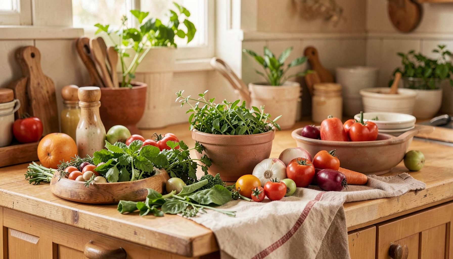 Encimera de cocina casera con ingredientes frescos, hierbas aromáticas y un delantal doblado, en tonos cálidos y acogedores