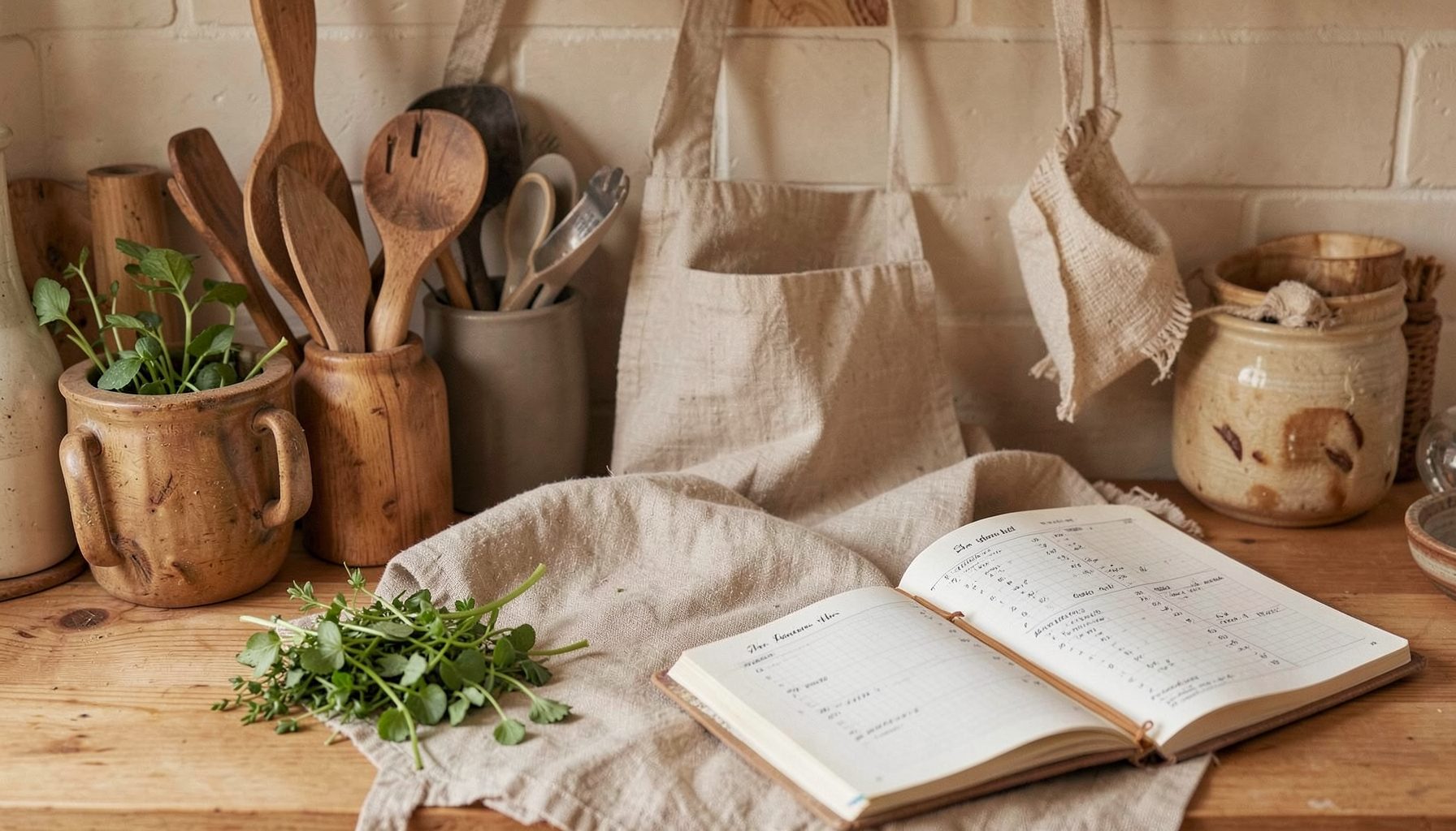 Encimera de cocina con utensilios de madera, un delantal de tela cruda, hierbas frescas y un cuaderno de recetas abierto