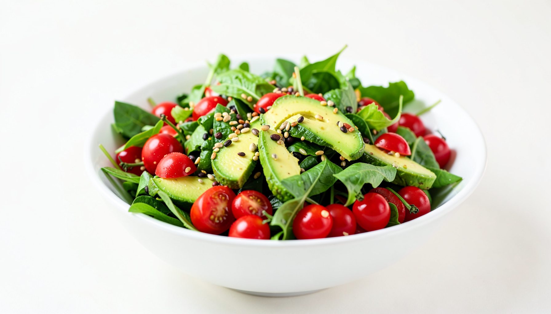 Ensalada colorida con hojas verdes, tomates cherry, aguacate y semillas, en un cuenco blanco sobre fondo luminoso.