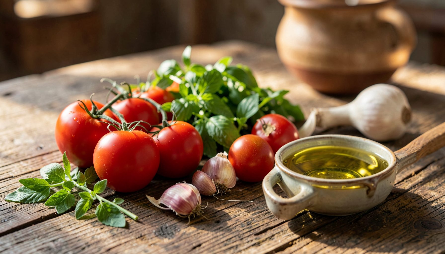 Ingredientes frescos sobre una mesa de madera rústica: tomates rojos, hierbas verdes, ajos y un cuenco de aceite de oliva.