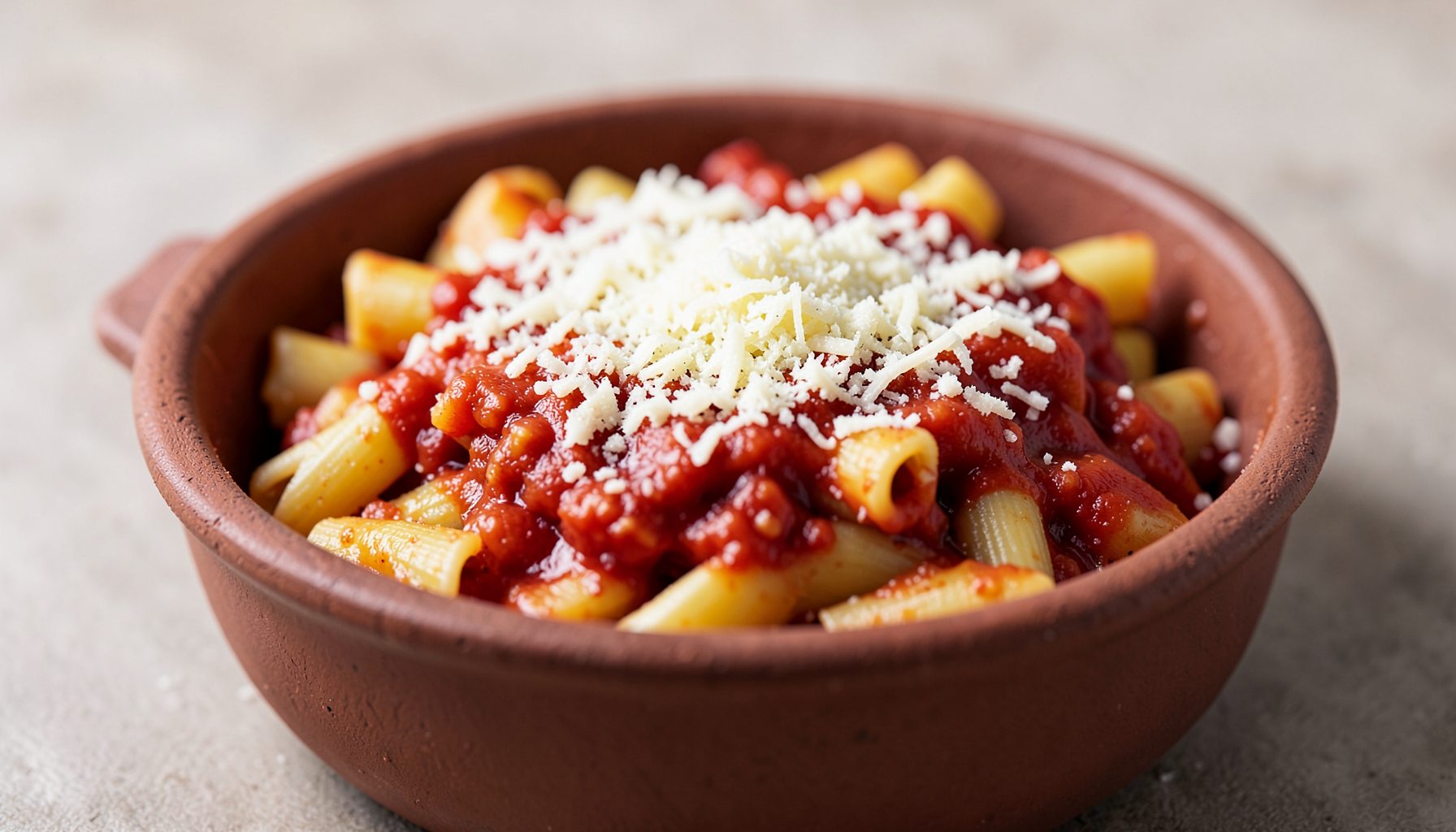 Macarrones guisados en salsa de tomate roja intensa, servidos en una cazuela de barro con queso rallado por encima.