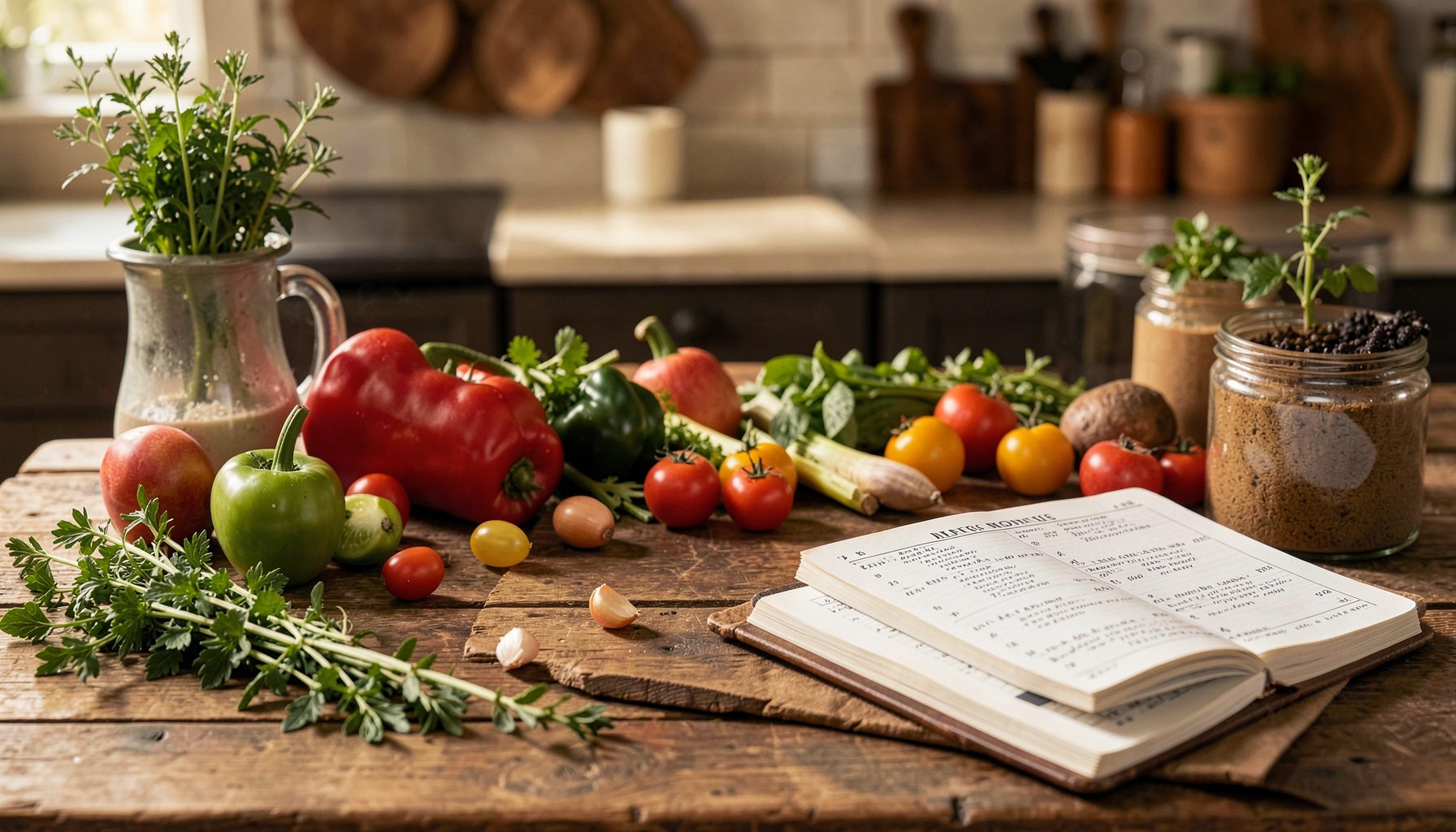 Mesa de cocina rústica con ingredientes frescos, hierbas aromáticas y un cuaderno de recetas abierto, en tonos cálidos y acogedores