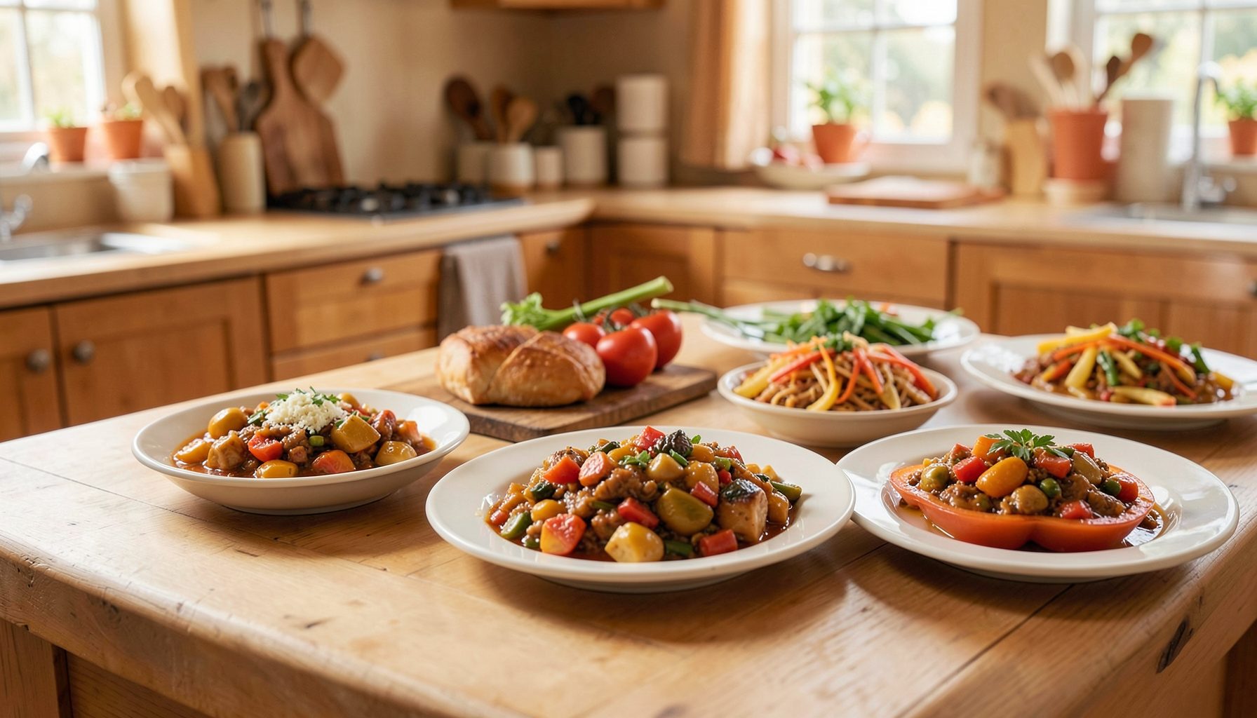 Mesa de madera clara con varios platos de comida casera recién preparada, tonos cálidos naranjas y marrones, ambiente acogedor