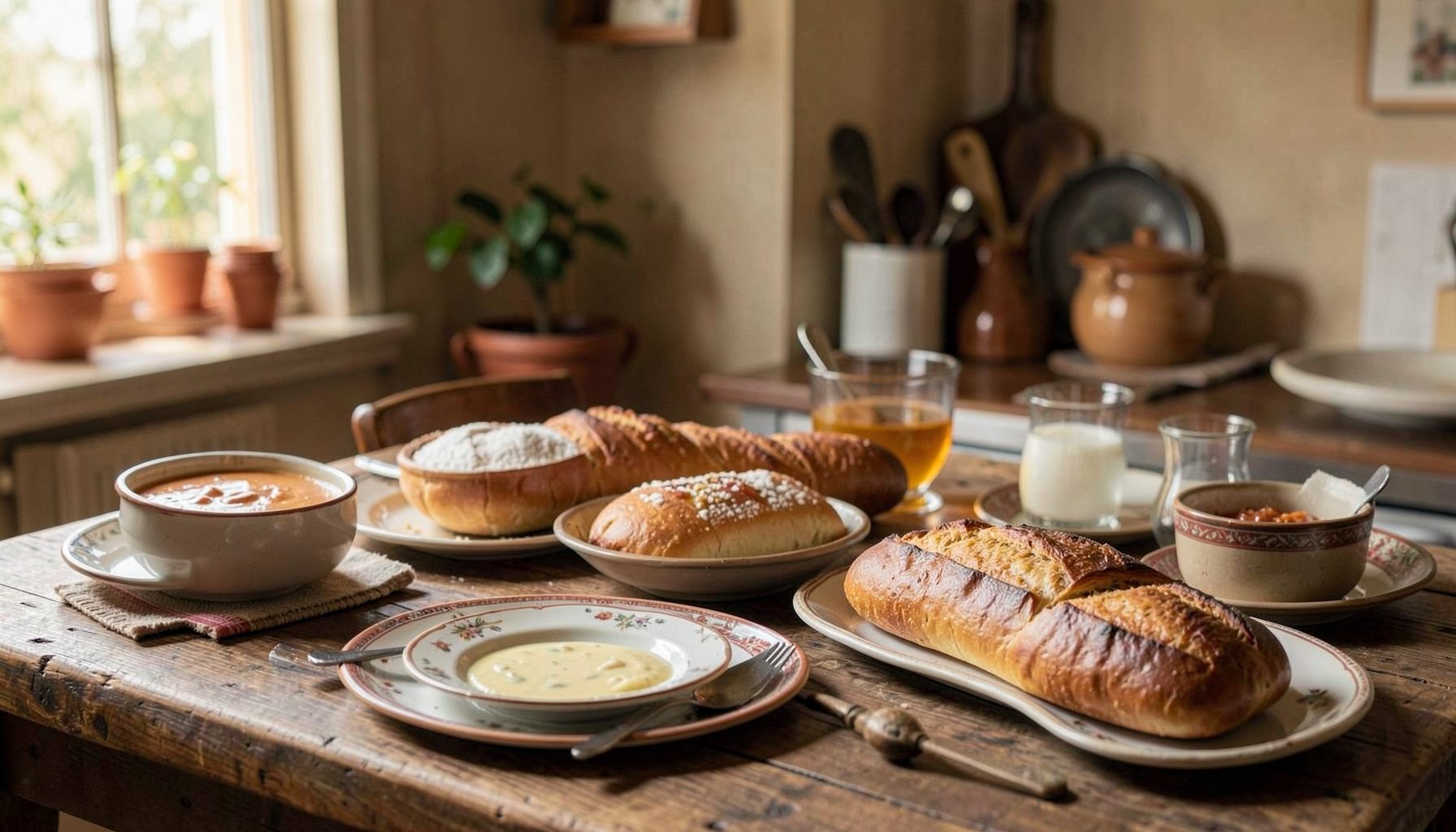 Mesa rústica con platos caseros variados, pan recién horneado y utensilios de cocina, ambiente cálido de hogar