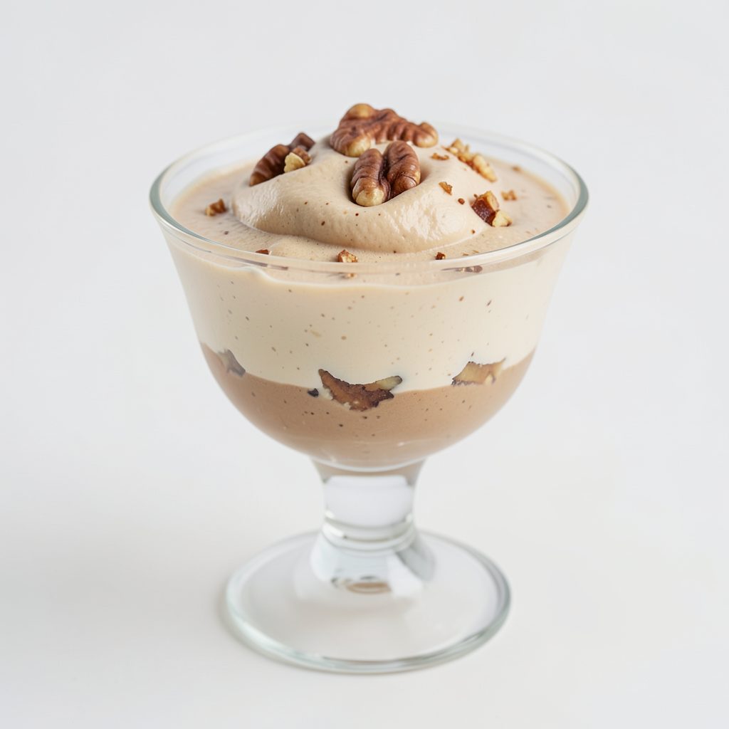 Mousse de queso de cabra con nueces en copa transparente, tonos beige y marrón claro, textura suave y cremosa