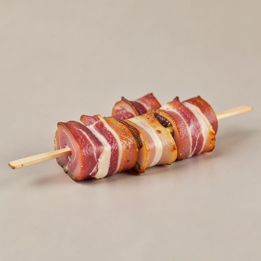 Pinchos de atún y panceta ensartados en palillo de madera, tonos rojizos y dorados, sobre fondo neutro