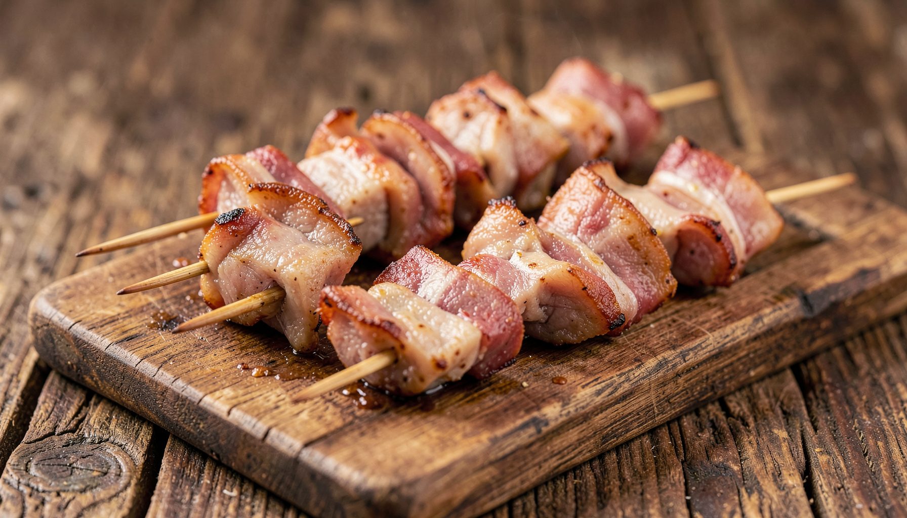 Pinchos de atún y panceta ensartados en palillos, dorados a la plancha, sobre una tabla de madera rústica.