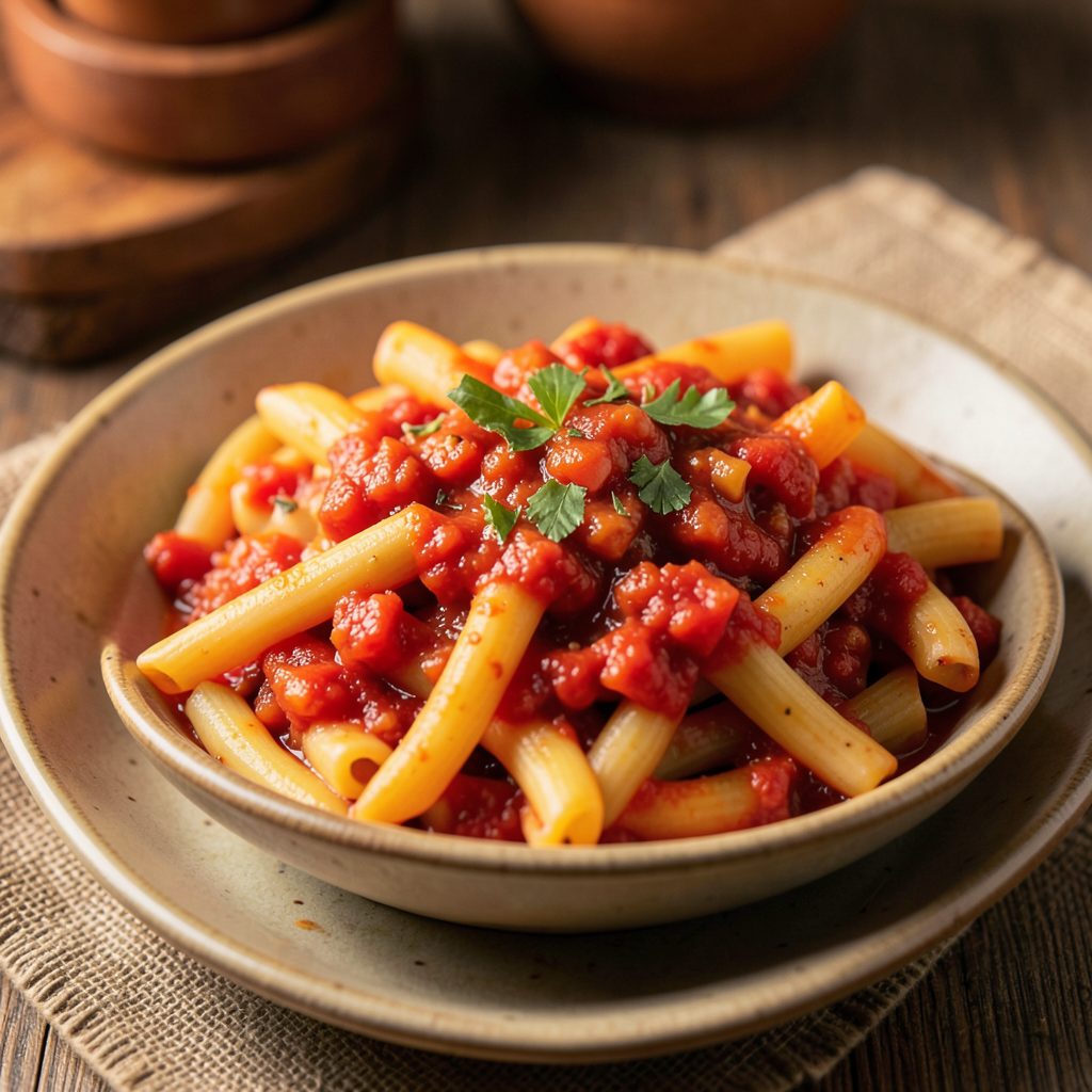 Plato de macarrones guisados en salsa de tomate, tonos rojos y naranjas cálidos, aspecto casero reconfortante