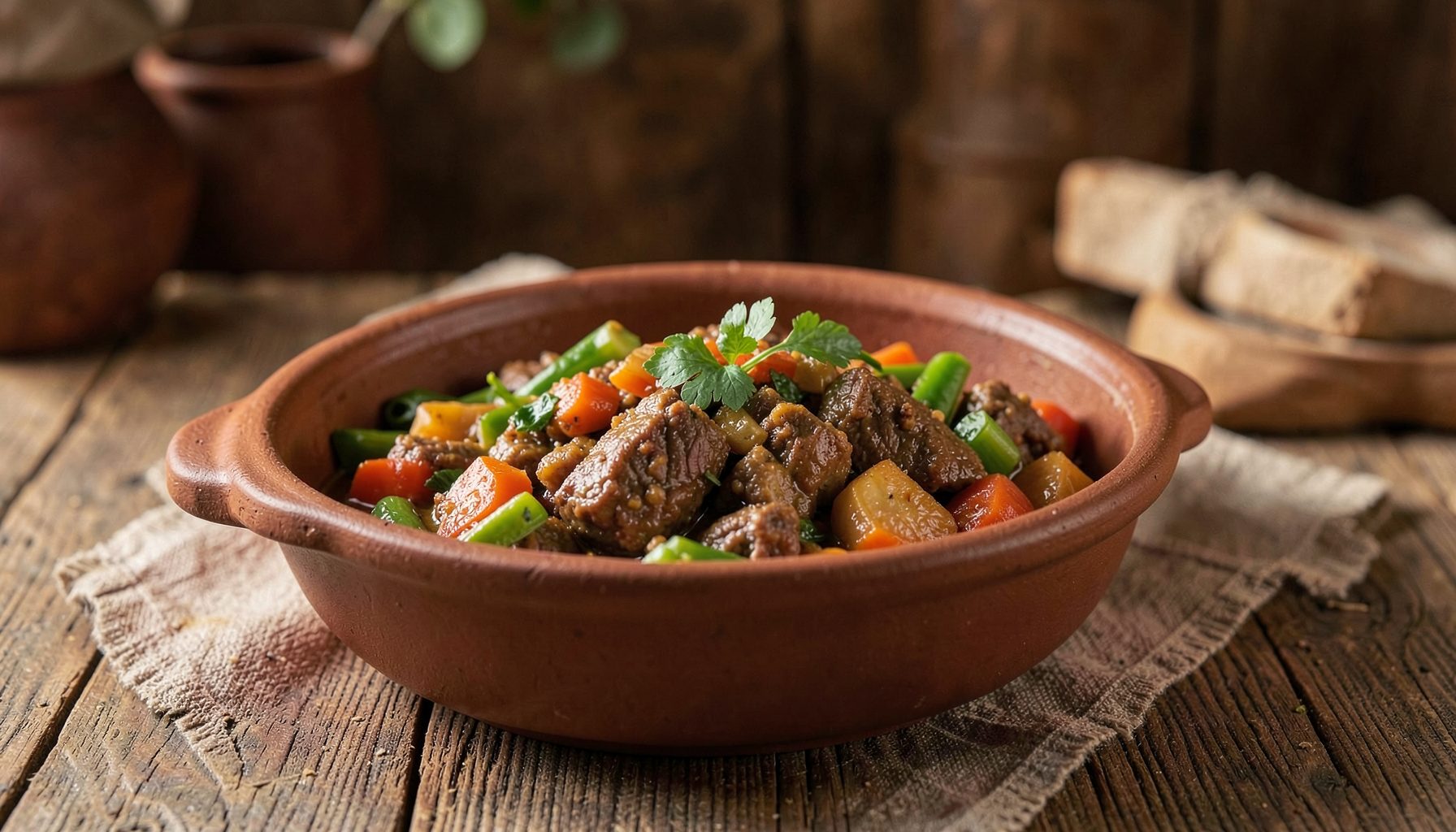 Plato principal casero con carne guisada y verduras, servido en cazuela de barro sobre una mesa rústica, tonos cálidos.