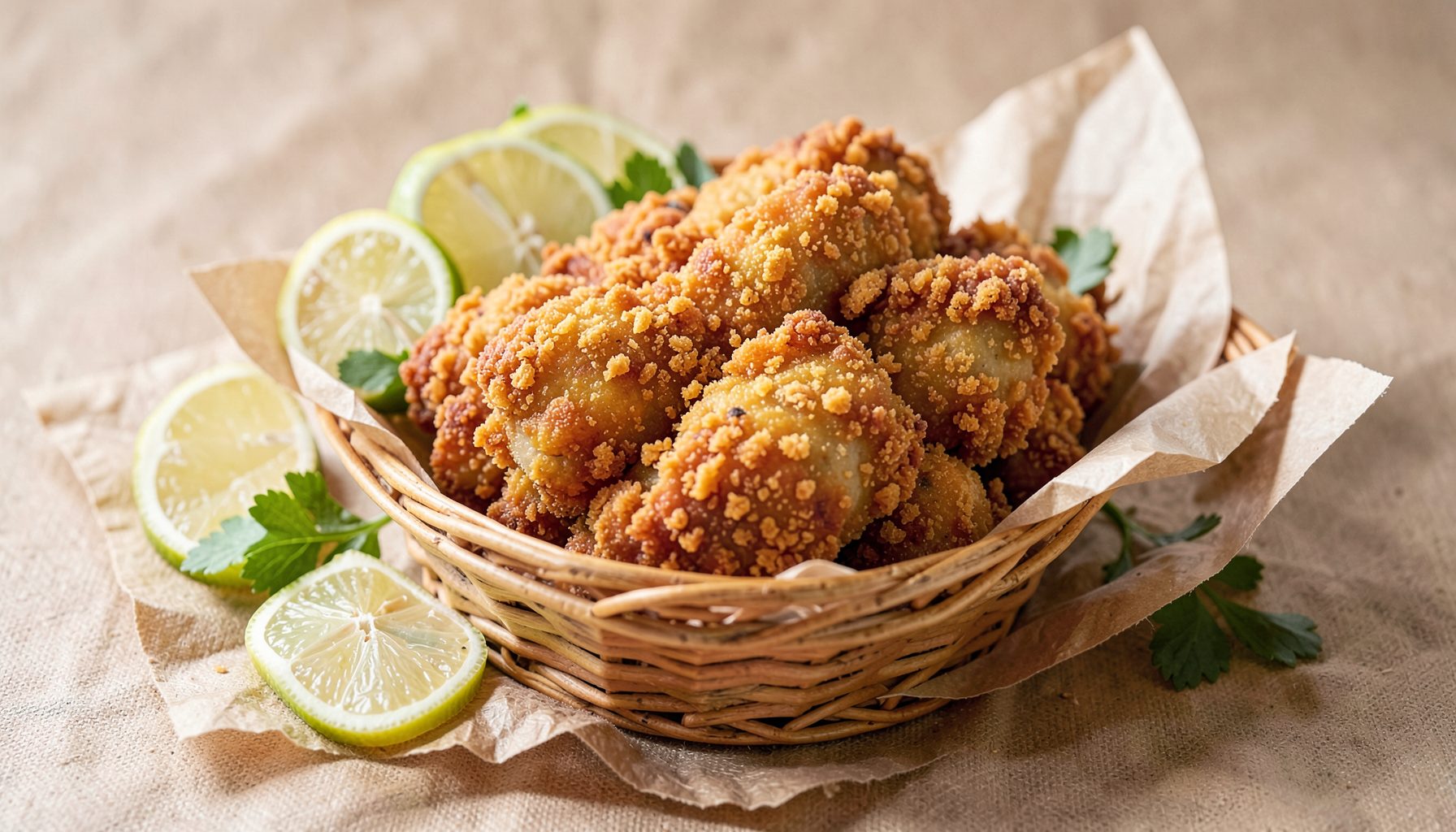 Pollo frito dorado y crujiente en una cesta, acompañado de rodajas de limón y hierbas frescas sobre papel de estraza.