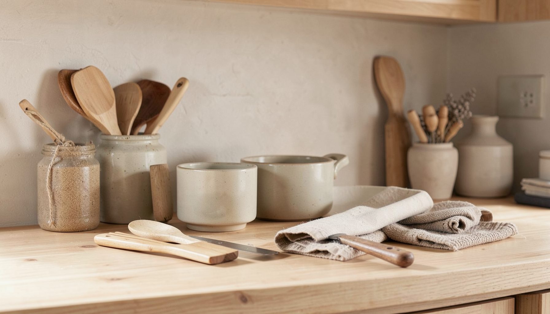 Selección de utensilios de cocina sencillos sobre encimera de madera clara, tonos neutros y cálidos, ambiente ordenado y acogedor.