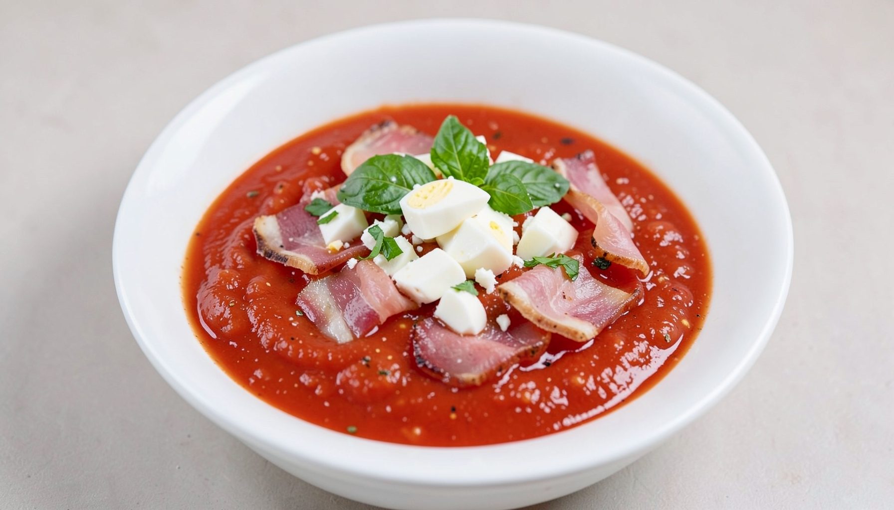 Sopa de tomate andaluza en un cuenco blanco, adornada con huevo duro picado, jamón en tiras y hojas de albahaca verde